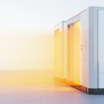 Industrial cooling units with warm light glow