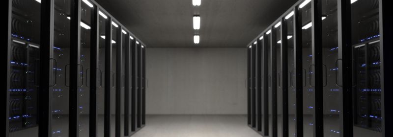 Rows of servers in a data centre with integrated cooling system