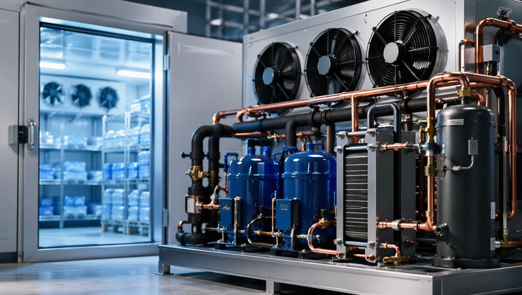 Système frigorifique industriel avec compresseurs et échangeur thermique