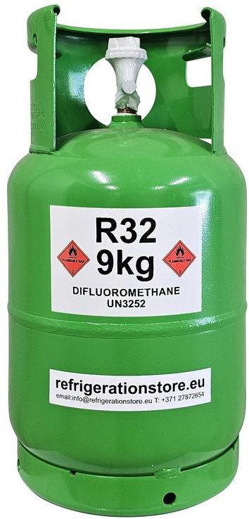 Green R32 refrigerant cylinder with safety label
