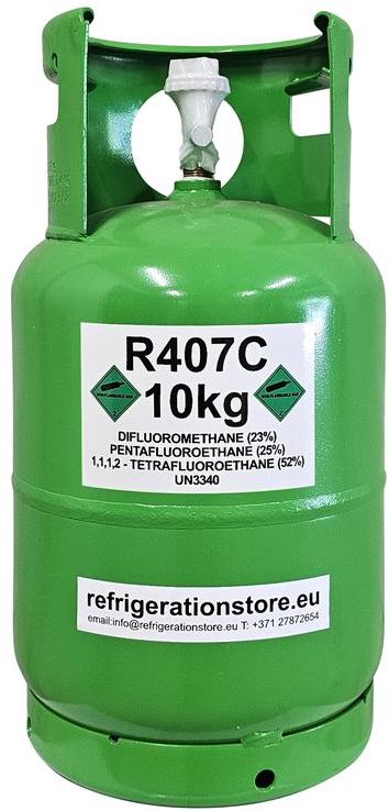 Green 10 kg R407C refrigerant cylinder with indication label