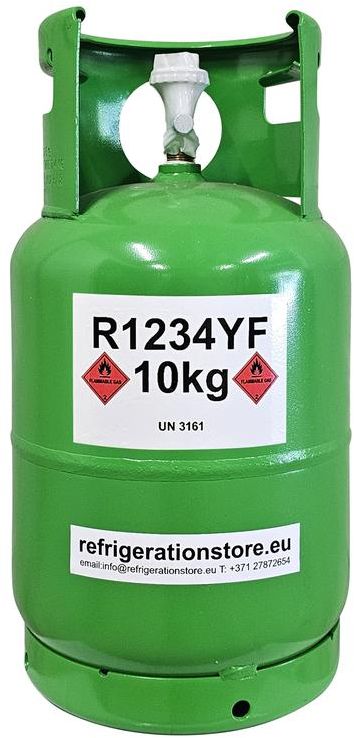 Green 10 kg R1234YF refrigerant cylinder with safety labels
