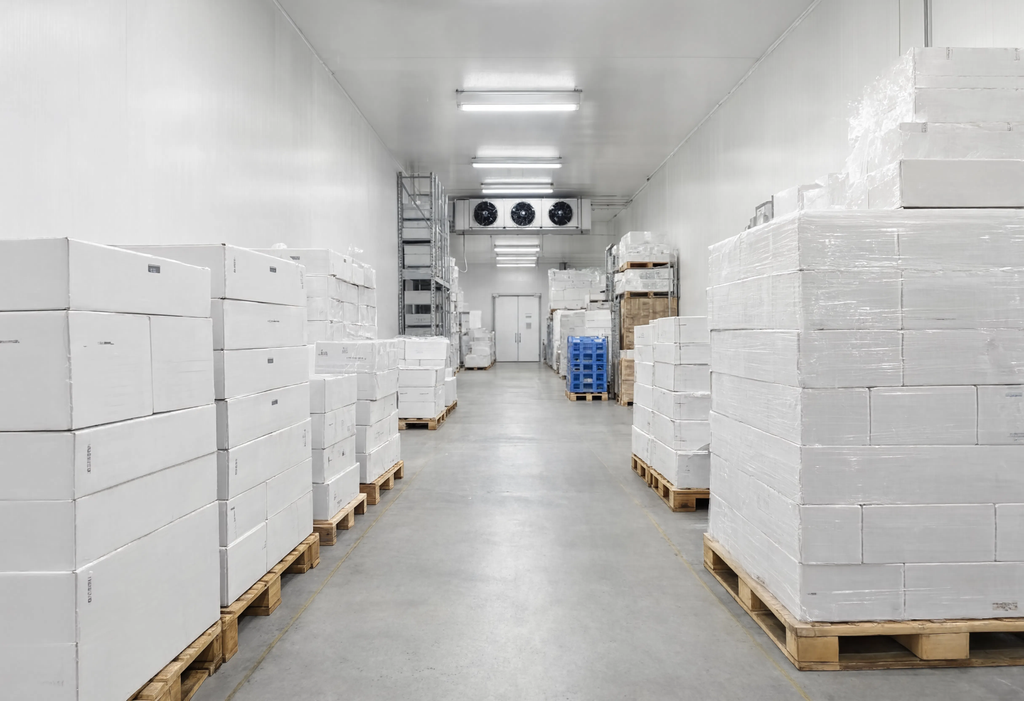 Entrepôt frigorifique industriel avec stockage de produits surgelés, application typique du CO2 transcritique